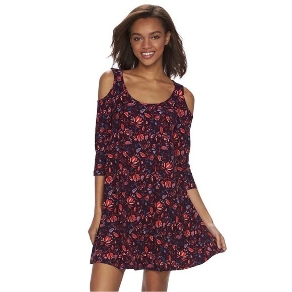 Mudd plum floral cold shoulder swing dress size medium - Picture 1 of 6